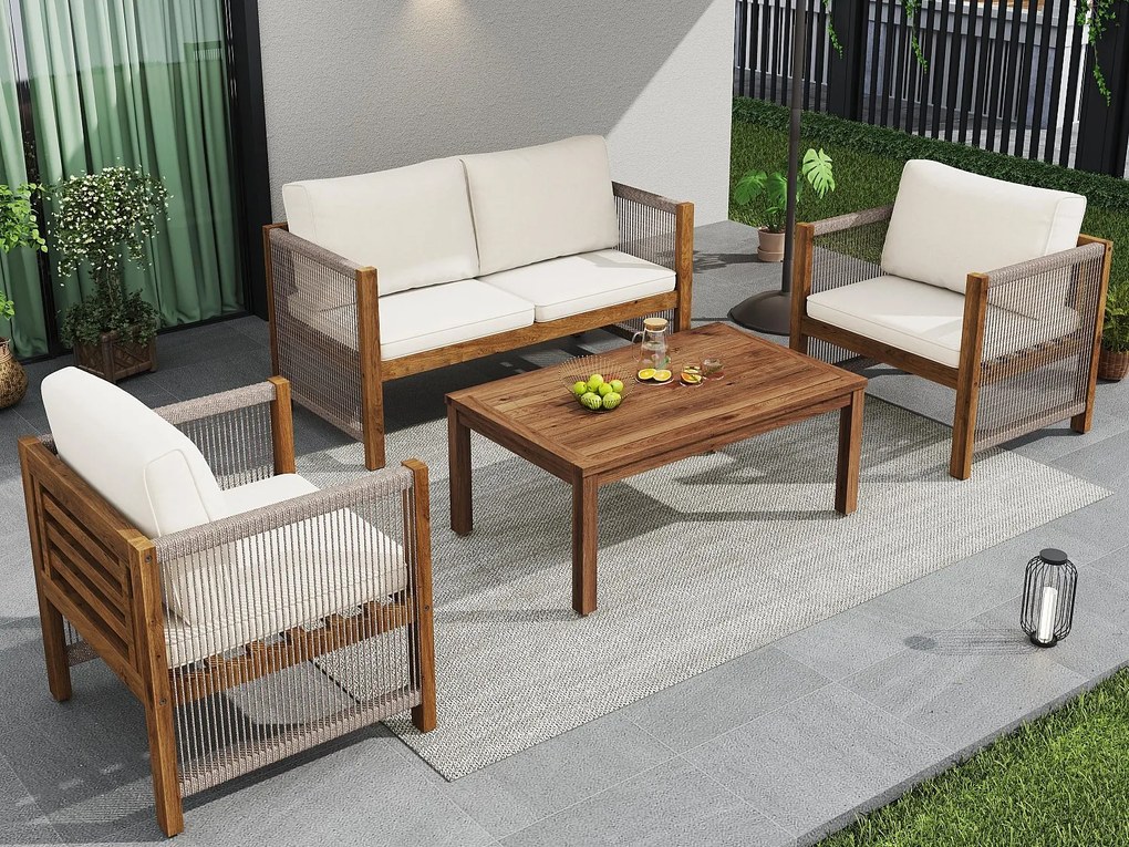 Zestaw mebli ogrodowych z stali dla 4 osób - kanapa, 2 fotele i stolik kawowy - z plecionej liny i drewna akacjowego - beżowy