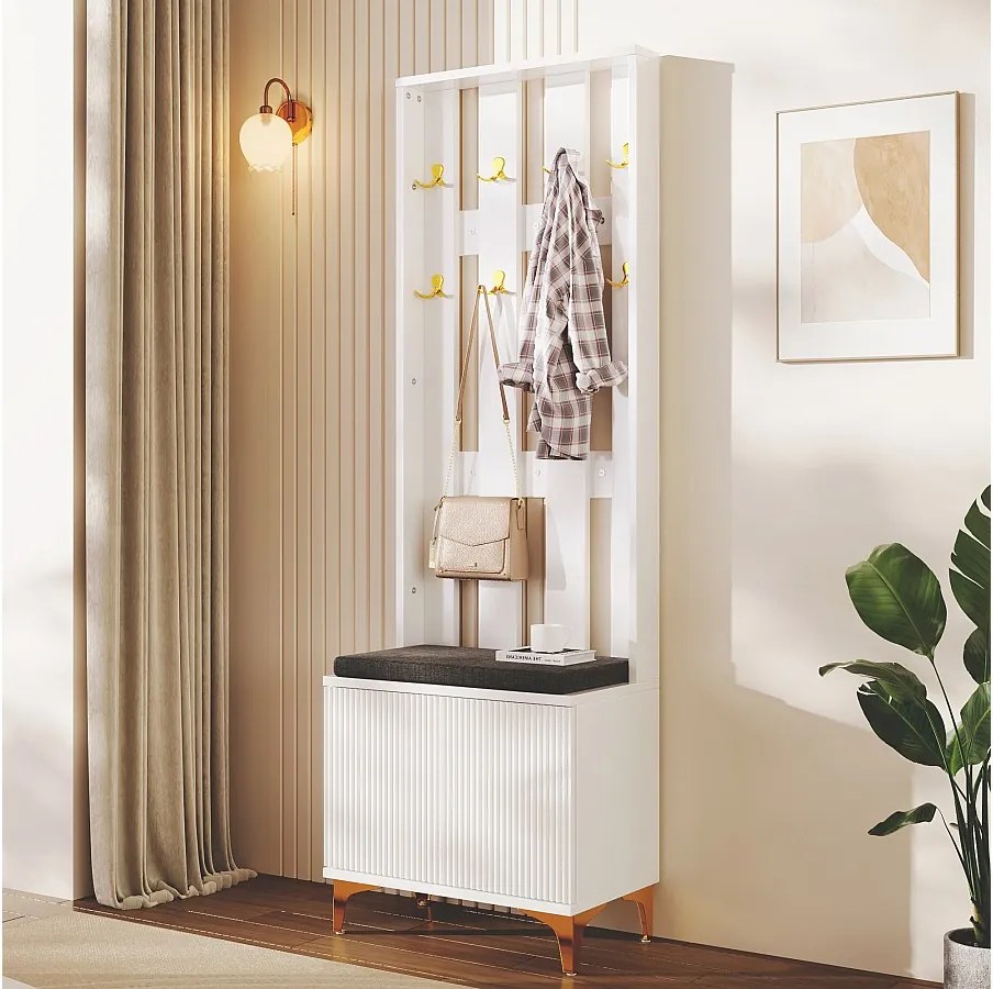 Garderoba z wieszakiem na ubrania i ławką na buty - 60,5x35,2x180,5 cm - Płyta wiórowa - Biały