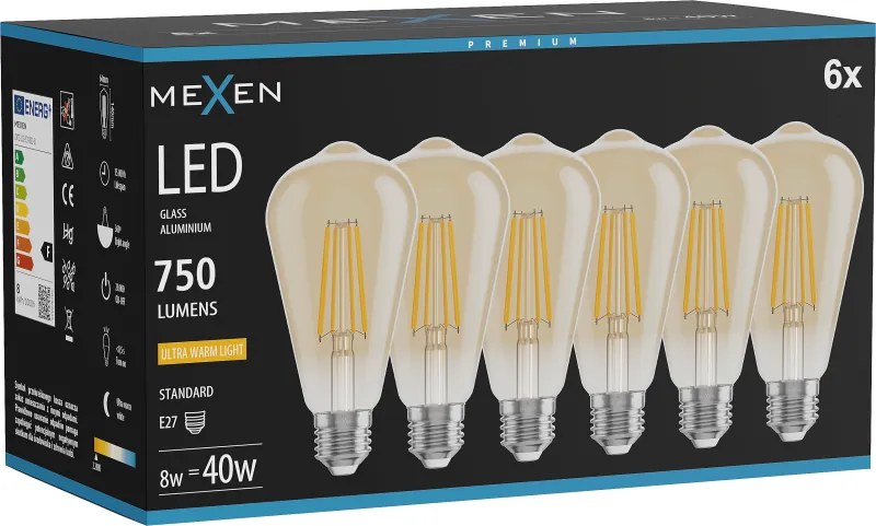 Mexen Vintis 6x żarówka filament LED E27, ST64, 8W, Ciepła - 2200K, 750 lm, amber - L152-E27-0822-50x06
