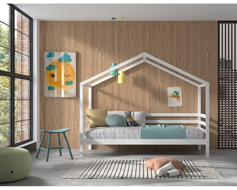 Białe łóżko dziecięce z litego drewna sosnowego w kształcie domku ze stelażem 90x200 cm Dallas – Vipack