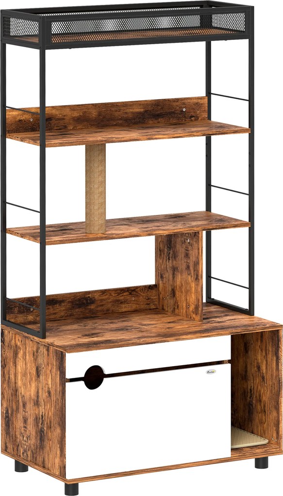 PawHut Szafka na Kuwetę z Regałem o Trzech Poziomach i Drapakiem, Zamknięta Kuweta, 80 x 48 x 152 cm, Brąz