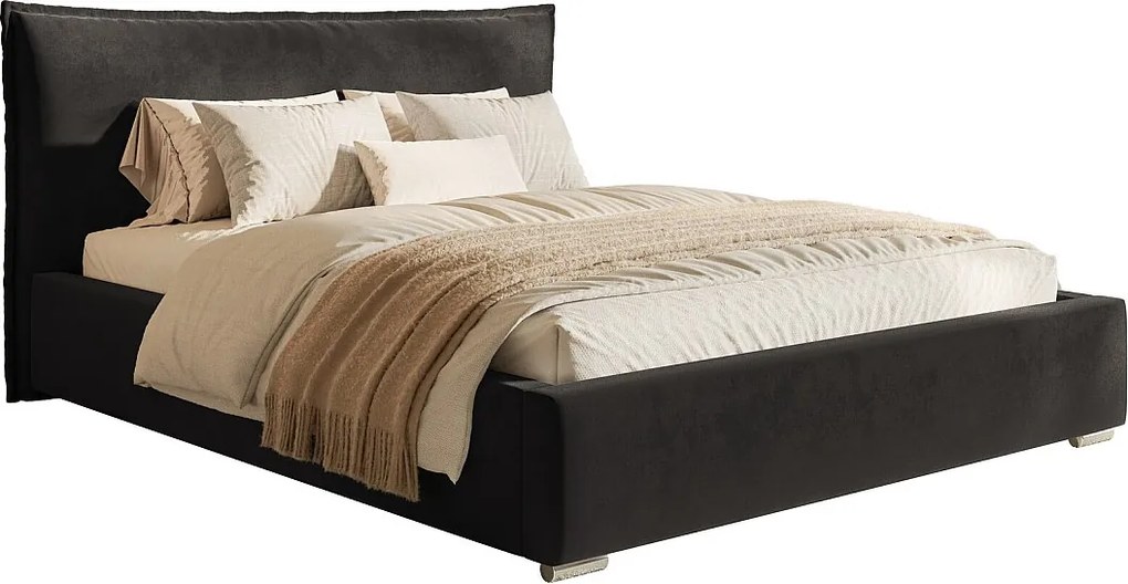 Łóżko tapicerowane 160x200 Zenito - pojemnik, stelaż drewniany, zagłowie-poduszka - czarny (Amor Velvet 4322)