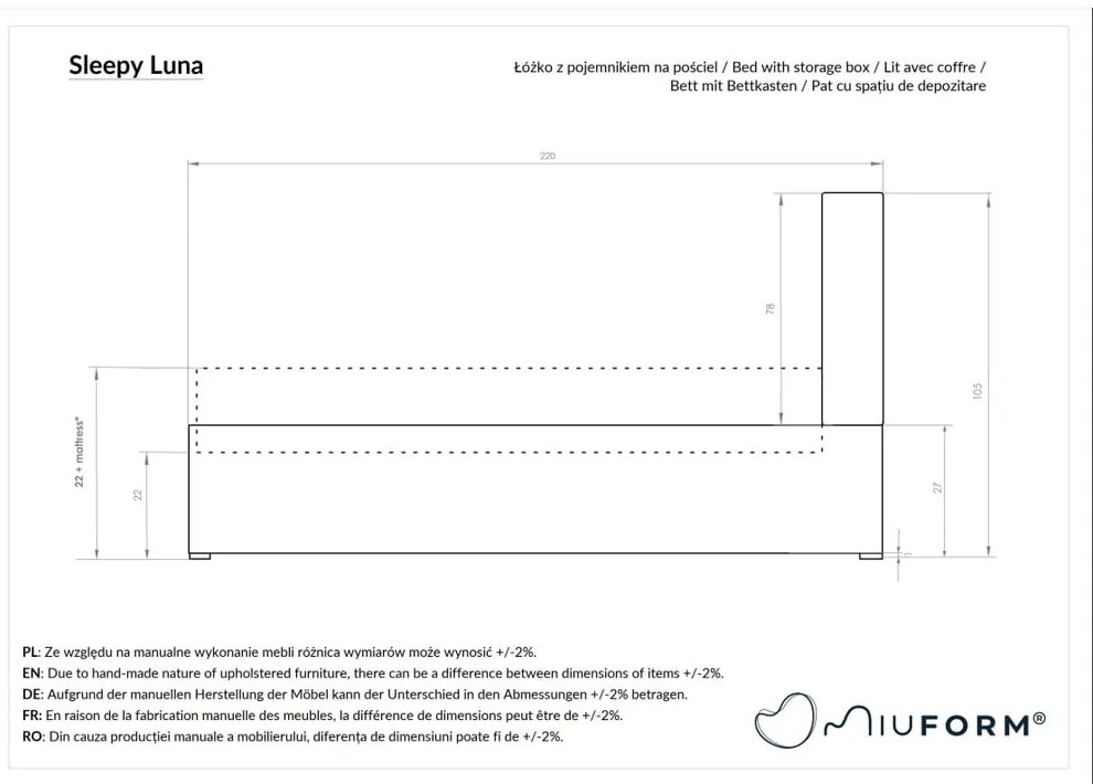 Beżowe tapicerowane łóżko dwuosobowe ze schowkiem i stelażem 140x200 cm Sleepy Luna – Miuform