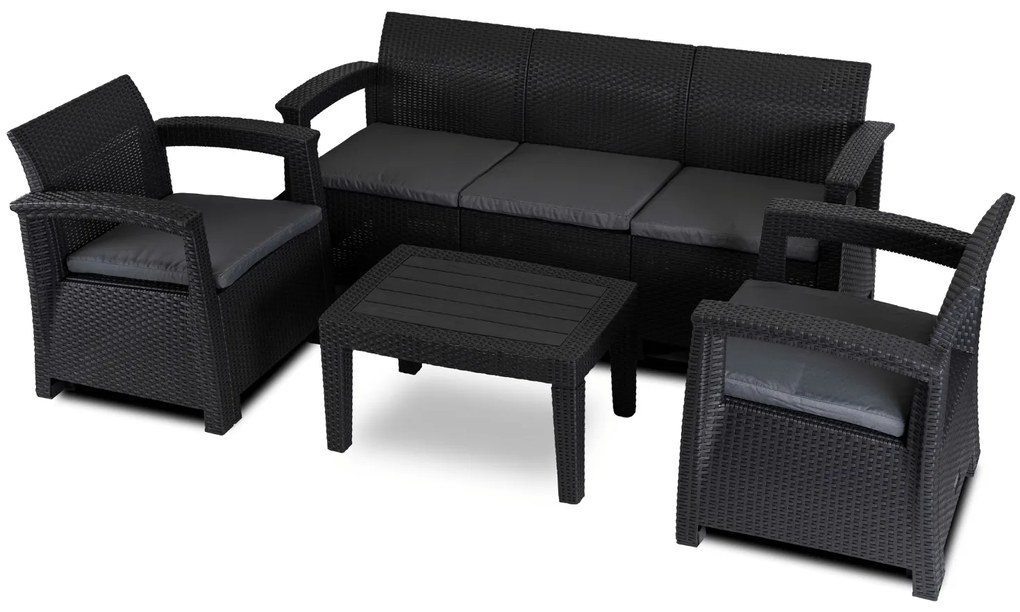 Zestaw mebli na taras Brandon - sofa, 2 fotele i stolik kawowy, czarny/ciemnoszary