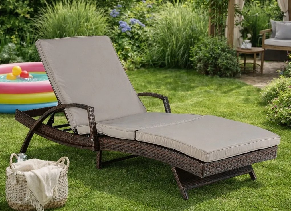 Leżanka ogrodowa z regulowanym oparciem Vibe, brązowy technorattan, szara poduszka
