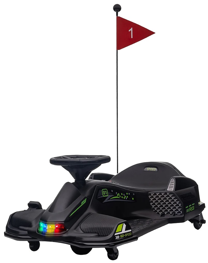 HOMCOM Elektryczny Gokart dla Dzieci, Koła z Ekoskóry, 3-8 km/h, ze Światłami i Muzyką, Czarny