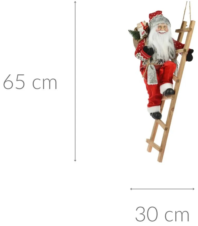 Dekoracja świąteczna Mikołaj na drabinie z prezentem, 65 cm