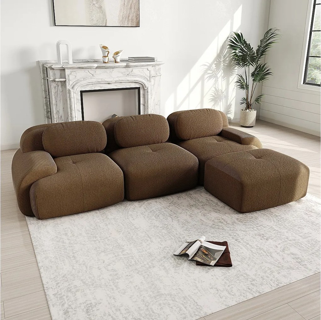 Narożna sofa 3-osobowa modułowa - w Welurze żebrowanym - z 3 poduszkami i pufą - 298x178x70cm - Brązowy