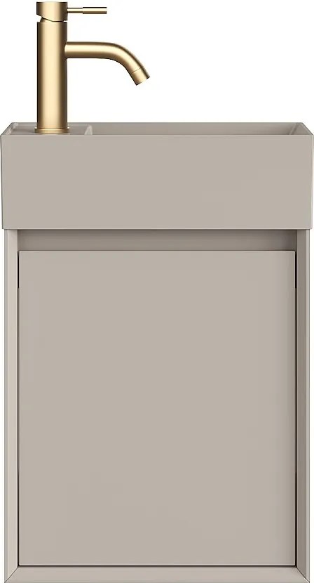 Wisząca szafka z umywalką do łazienki, umywalka z żywicy w kolorze beżowym mat i bateria – Beż mat – 40 x 25,5 x 57 cm – SOREL