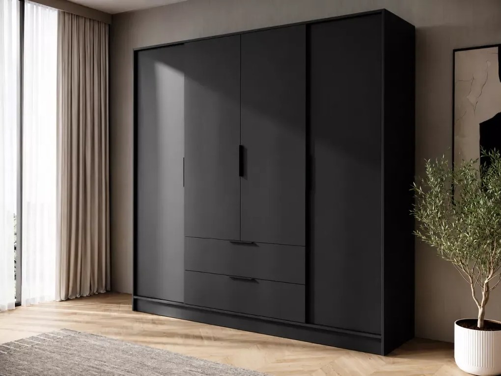 Szafa czterodrzwiowa uchylna Tetrix 206cm szuflady półki drążek