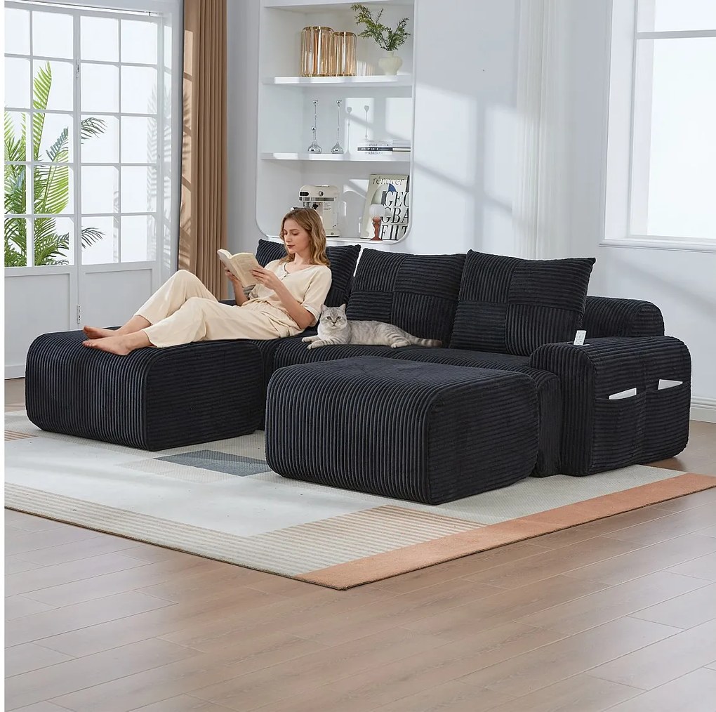 Sofa modułowa 3-osobowa - 268 x 174 x 80 cm - z 2 pufami + uchwytami na kubki + kieszenią do przechowywania - aksamitna - czarna