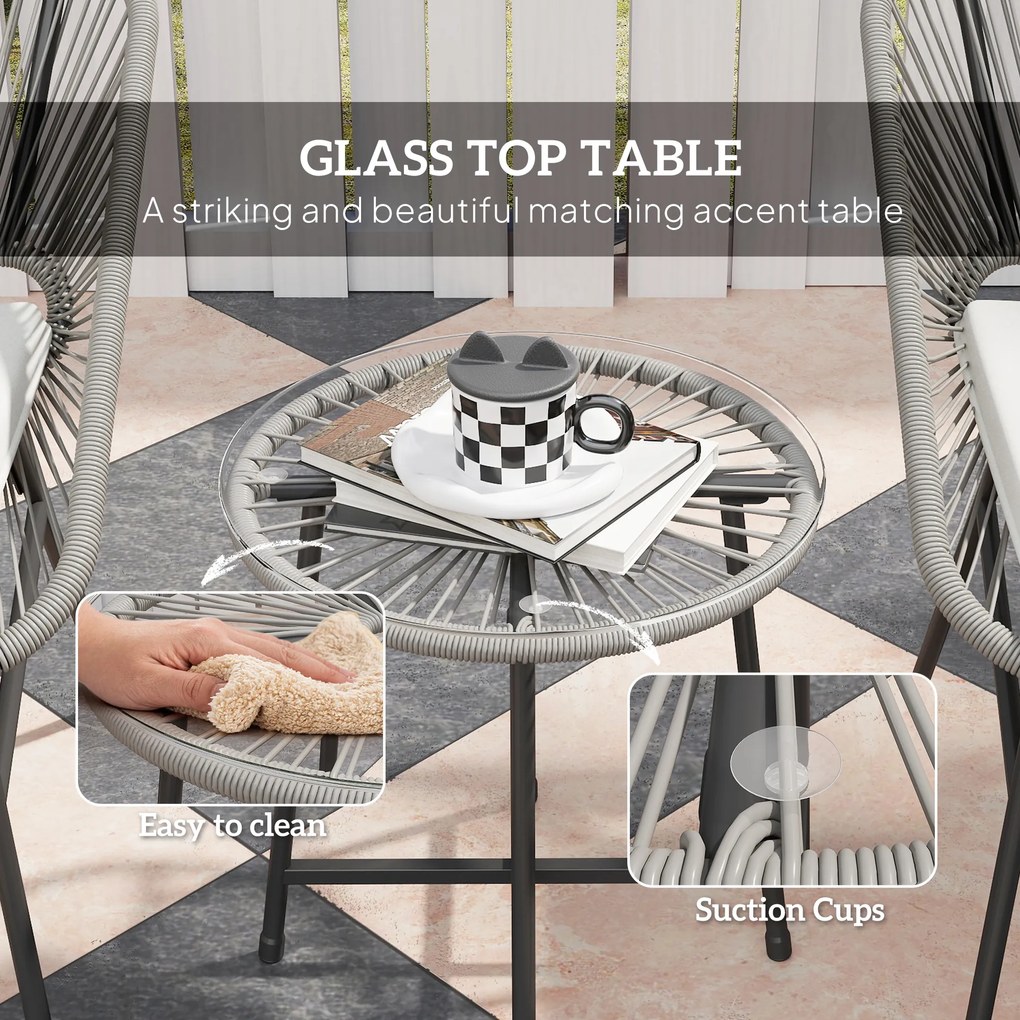 Outsunny 3-częściowy Zestaw Mebli Zewnętrznych, 1 Stolik, 2 Krzesła, Plecionka Rattanowa, Stelaż Stalowy, Stolik Kawowy z Blatem Szklanym, Ciemnoszary