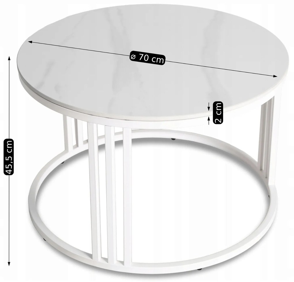 Stolik Kawowy KORIN 70 cm Biały Marmur/Biały Nowoczesny