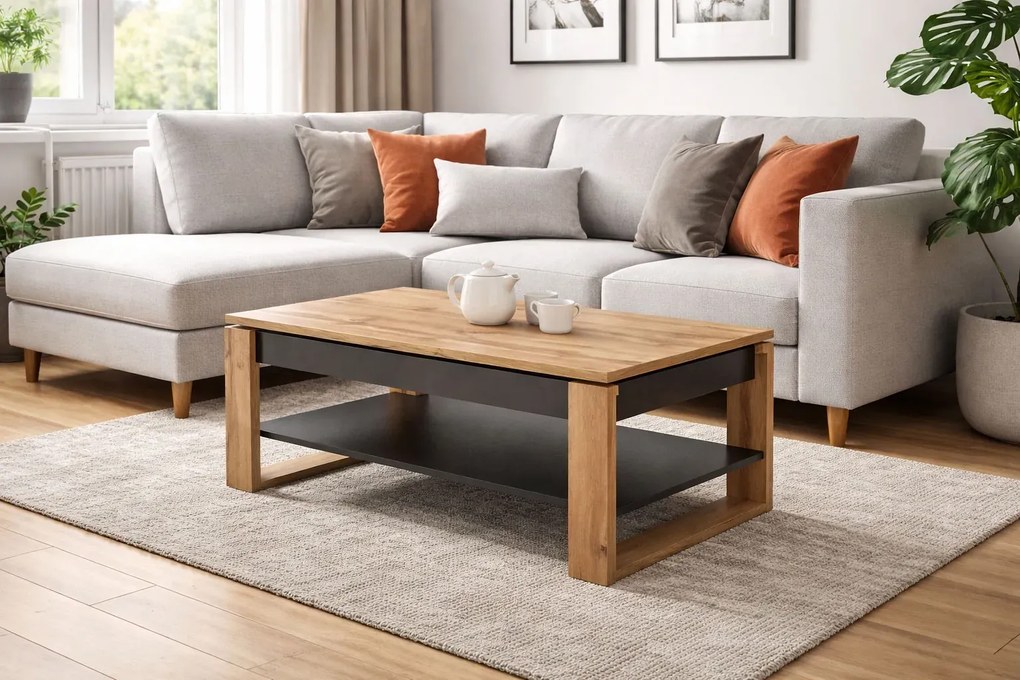 Ława prostokątna z podnoszonym blatem dąb artisan + czarny D8-N75