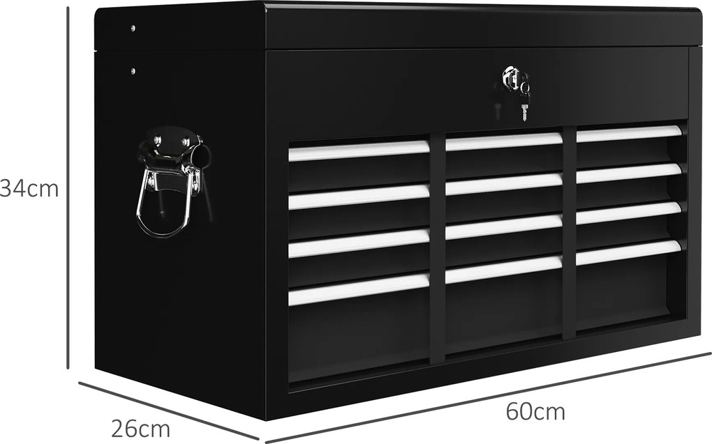 HOMCOM Skrzynka Narzędziowa z Zamkiem, 3 Szuflady, Obudowa Stalowa, 60x26x34cm, Czarna