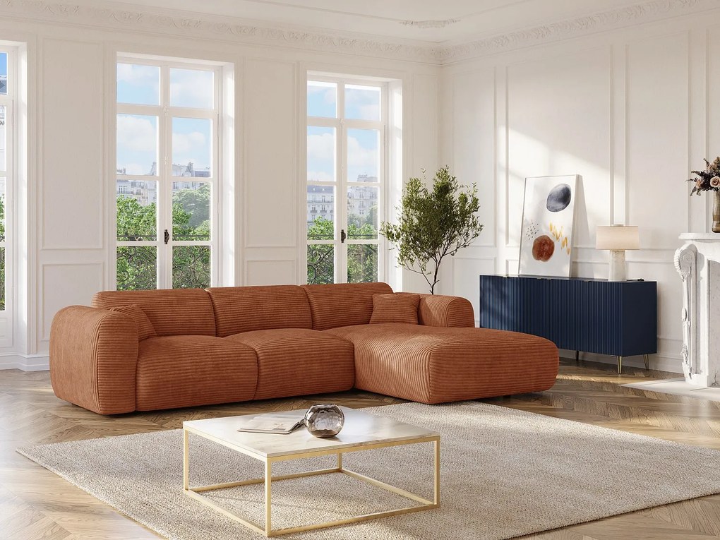 Duża kanapa narożna prawostronna typu express w sztruksie w kolorze terakoty - Materac 13 cm memory foam POGNI