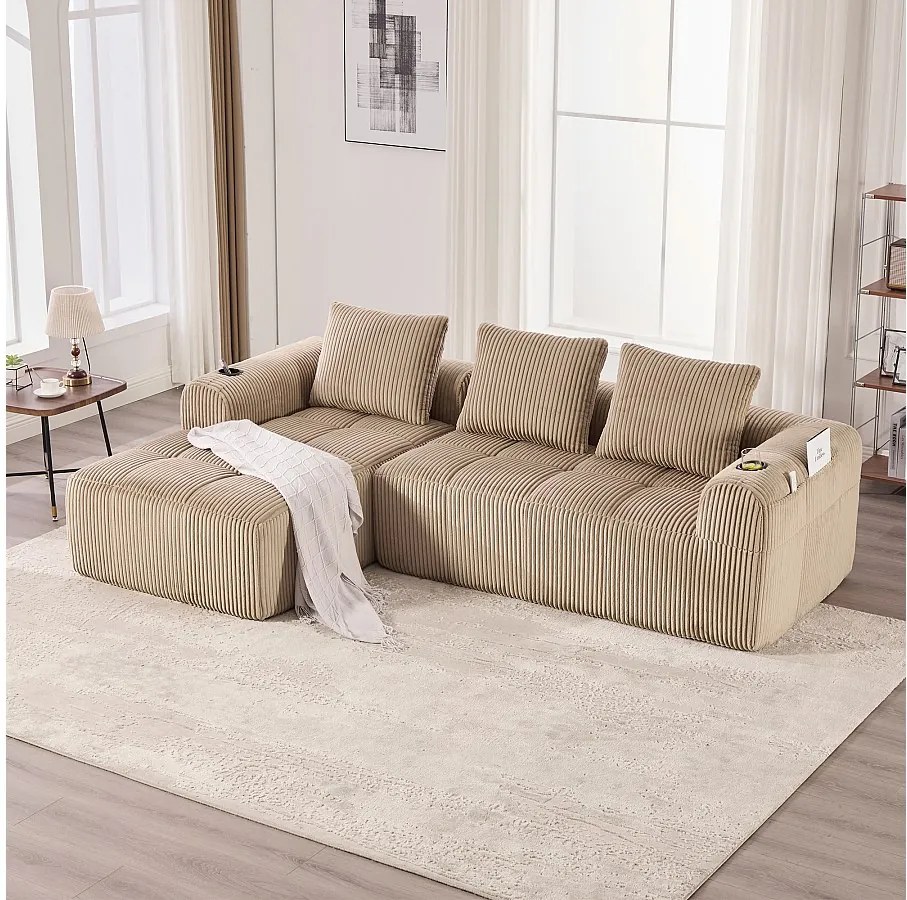 Sofa modułowa 4-osobowa - 253 x 158 x 61 cm - z kieszenią boczną + uchwytem na kubek + 3 poduszkami - aksamit - khaki
