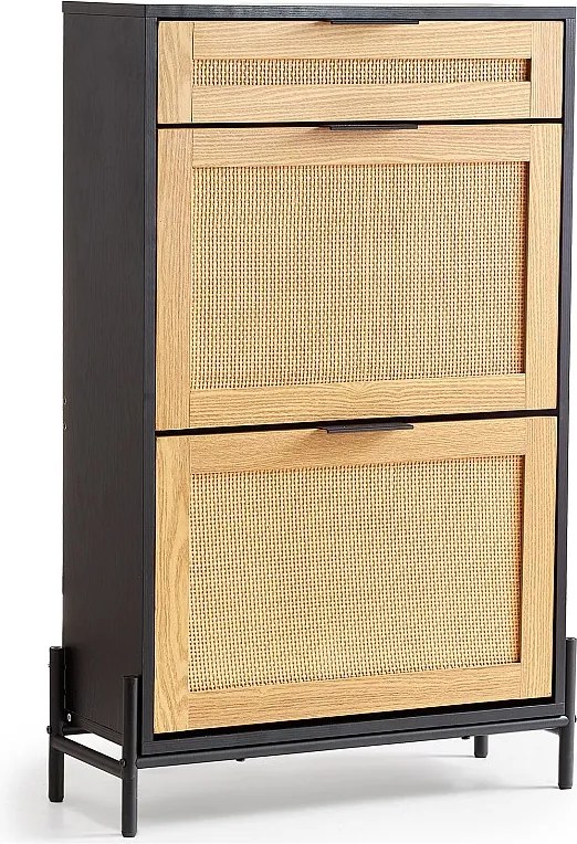 Szafka Na Buty Z Rotanu SucceBuy, 2 Składane Szuflady I 1 Wysuwana Szuflada, Czarny