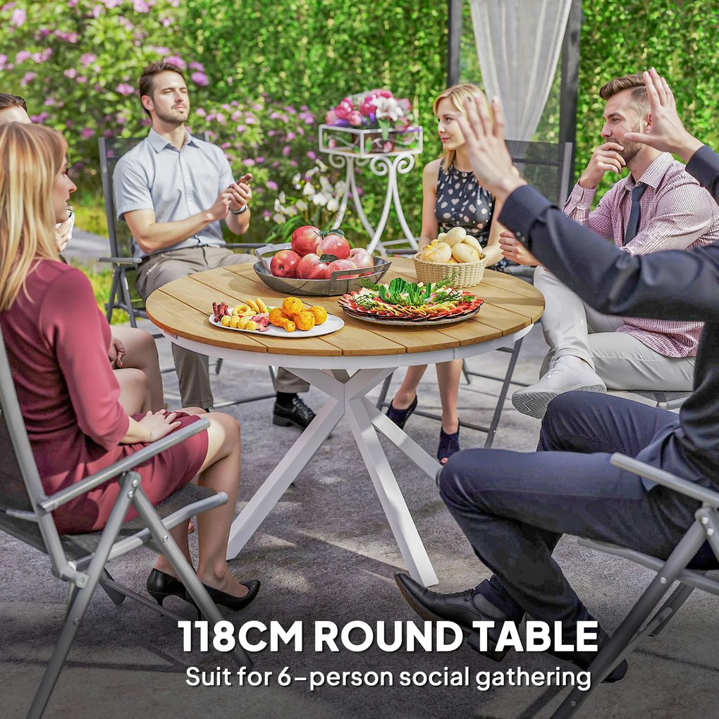 Outsunny Stół Ogrodowy Ø118cm, Wodoodporny Stół Balkonowy z Aluminium, Krzyżujące się nogi z projektem Lamel Teak