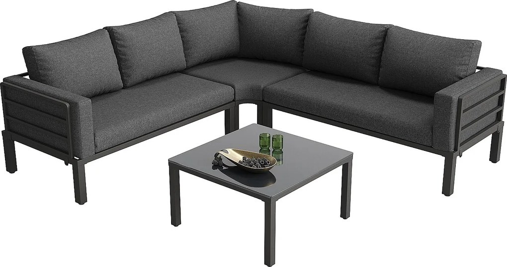 Zestaw mebli ogrodowych z ocynkowanej stali na 4 osoby - 2 sofy, 1 stół kawowy ze szkła hartowanego - z poduszkami - Szary