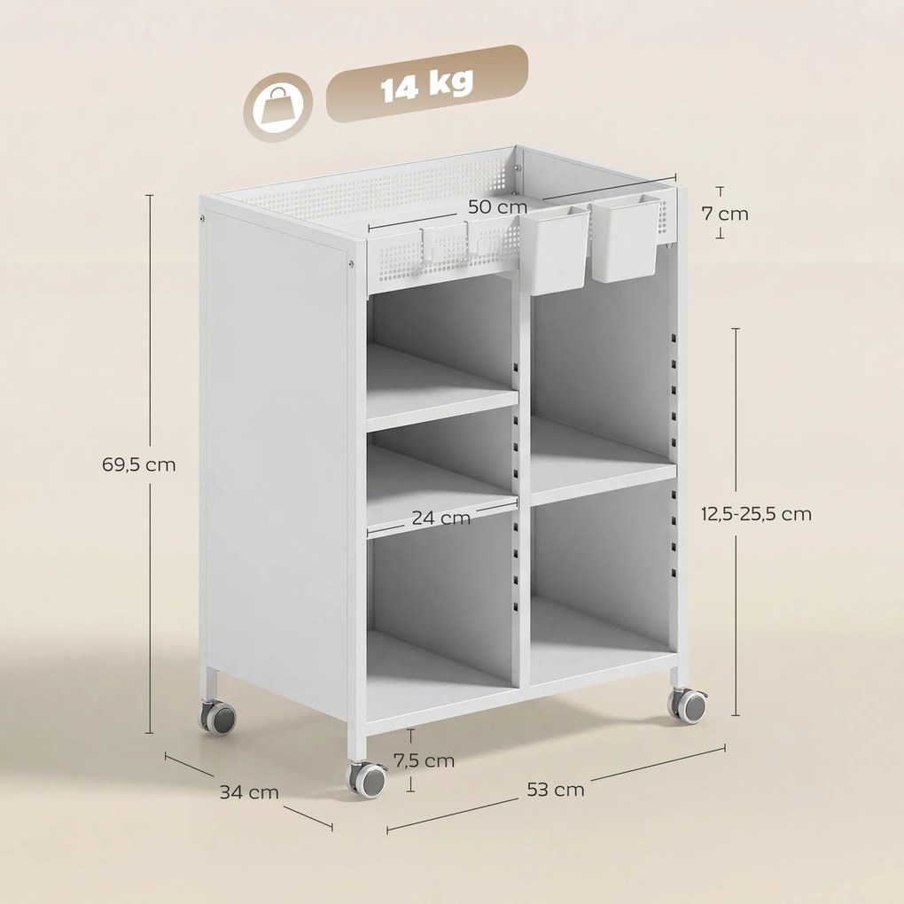 HOMCOM Regał na książki na kółkach, 4-poziomowy, regulowane półki i wiszące kosze do salonu i biura, biały | Aosom PL