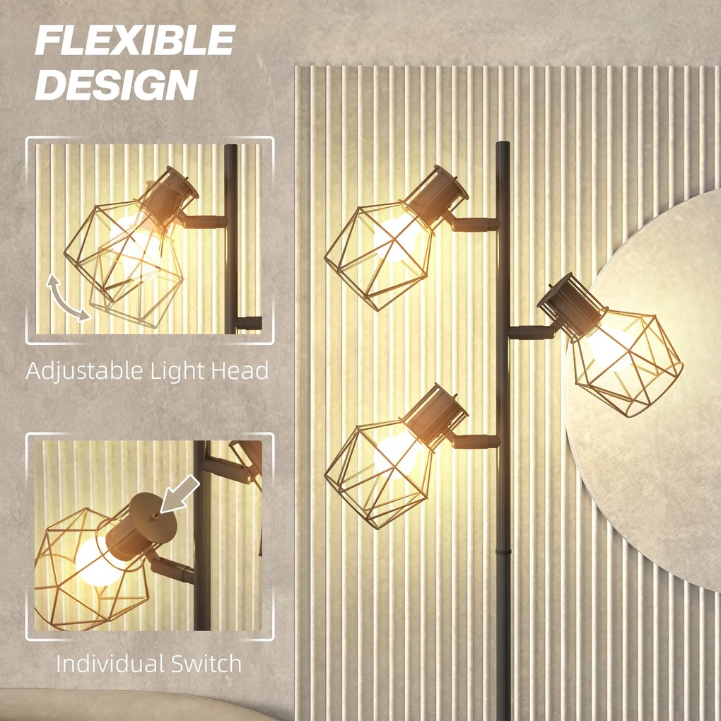 HOMCOM Lampa stojąca z 3 regulowanymi elementami oświetleniowymi, struktura przypominająca drzewo, do salonu i sypialni, metal, Kolor Czarny