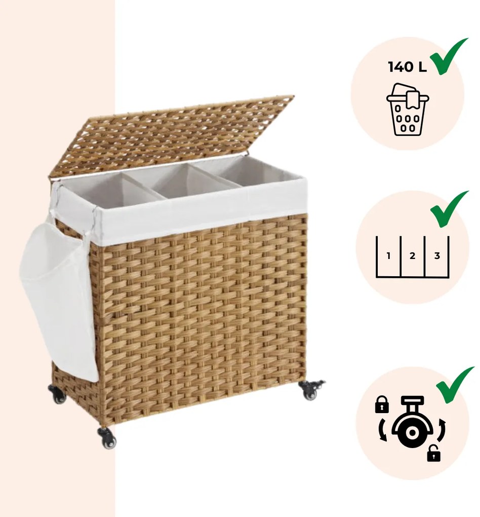 Kosz na bieliznę z kółkami z syntetycznego rattanu AVA, 140l, naturalny brąz SongmicsHome