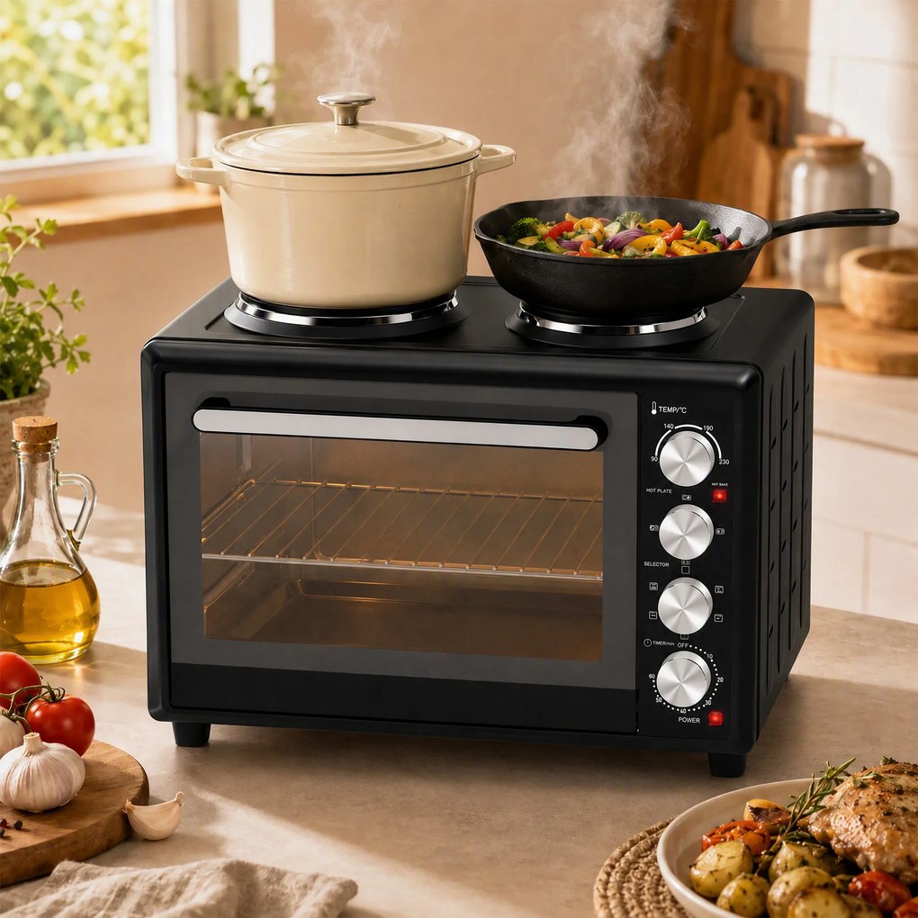 HOMCOM 36 l mini piekarnik z 2 płytami grzewczymi, elektryczny piekarnik stołowy z termoobiegiem, 90–230 °C | Aosom PL