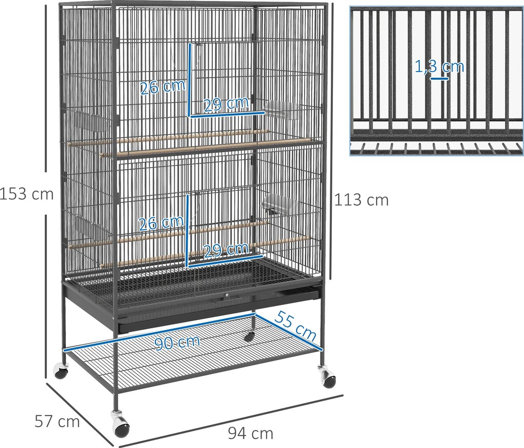 PawHut Klatka dla ptaków z drążkami siedziskowymi, zabawkami dla ptaków, wyjmowaną tacą na dnie, 1 półka, Szary