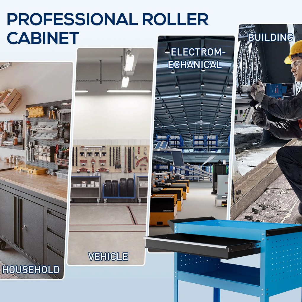 HOMCOM Skrzynka narzędziowa, wózek narzędziowy, 3 poziomy, 4 kółka, 82 cm x 35 cm x 76 cm, niebieski | Aosom PL