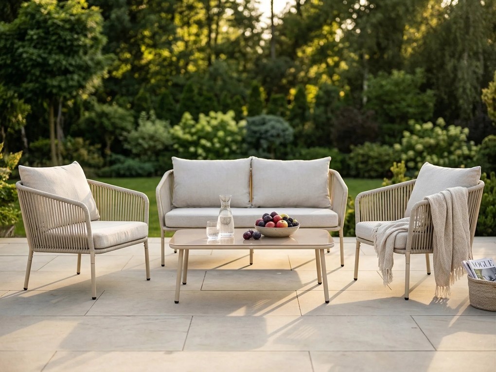 Zestaw mebli ogrodowych beżowy aluminium sofa fotele stolik sznurowanie