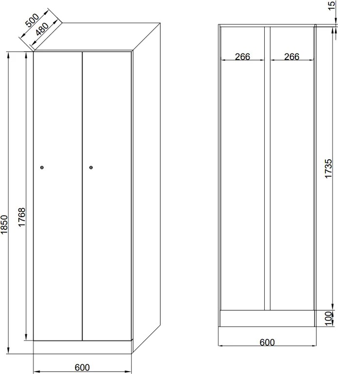 Metalowa szafka ubraniowa S1, 2-drzwiowa, 1850 x 600 x 500 mm, zamek cylindryczny, drzwi czerwone