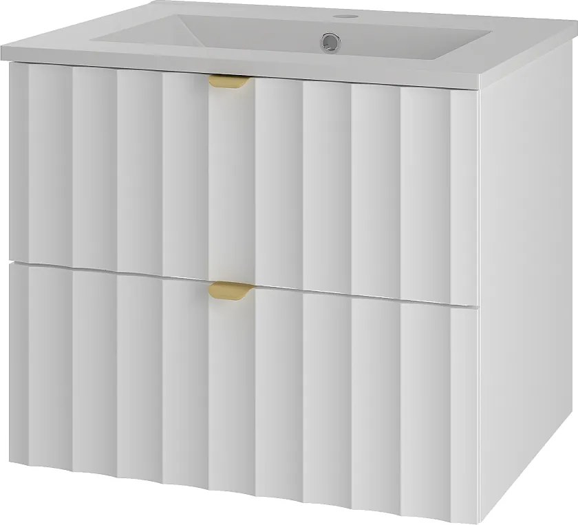 Biały Zestaw Łazienkowy 60cm Szafka z Umywalką Ryflowane Fronty Arcos