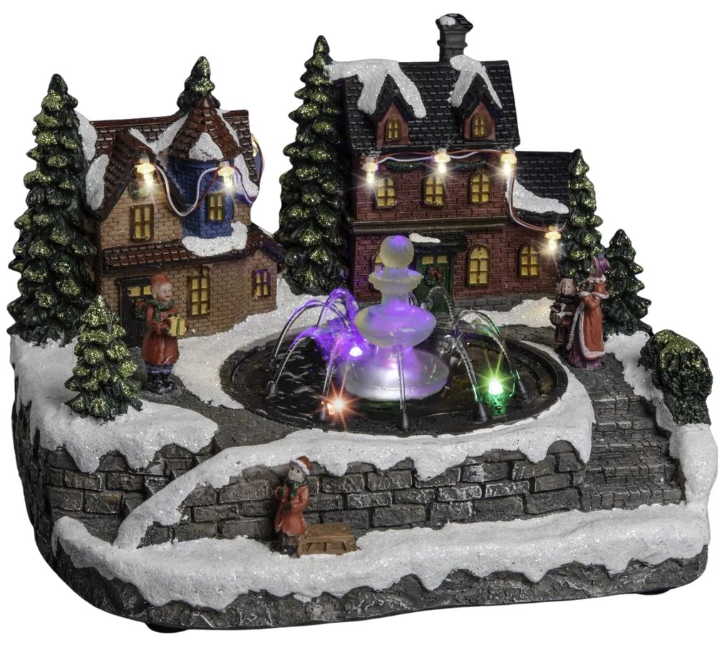 Szopka bożonarodzeniowa Zimowa wioska z fontanną, z podświetleniem LED