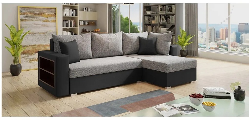 Sofa narożna KONGO, uniwersalny mebel z funkcją spania i praktyczną półką