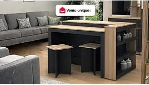 Zestaw wyspa kuchenna + 2 stołki barowe - Czarny i naturalny jasny - NUSICE
