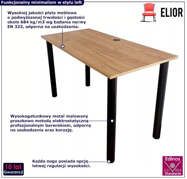 Proste loftowe biurko z regulacją wysokości nóżek 120x60 dąb craft złoty P5-G81