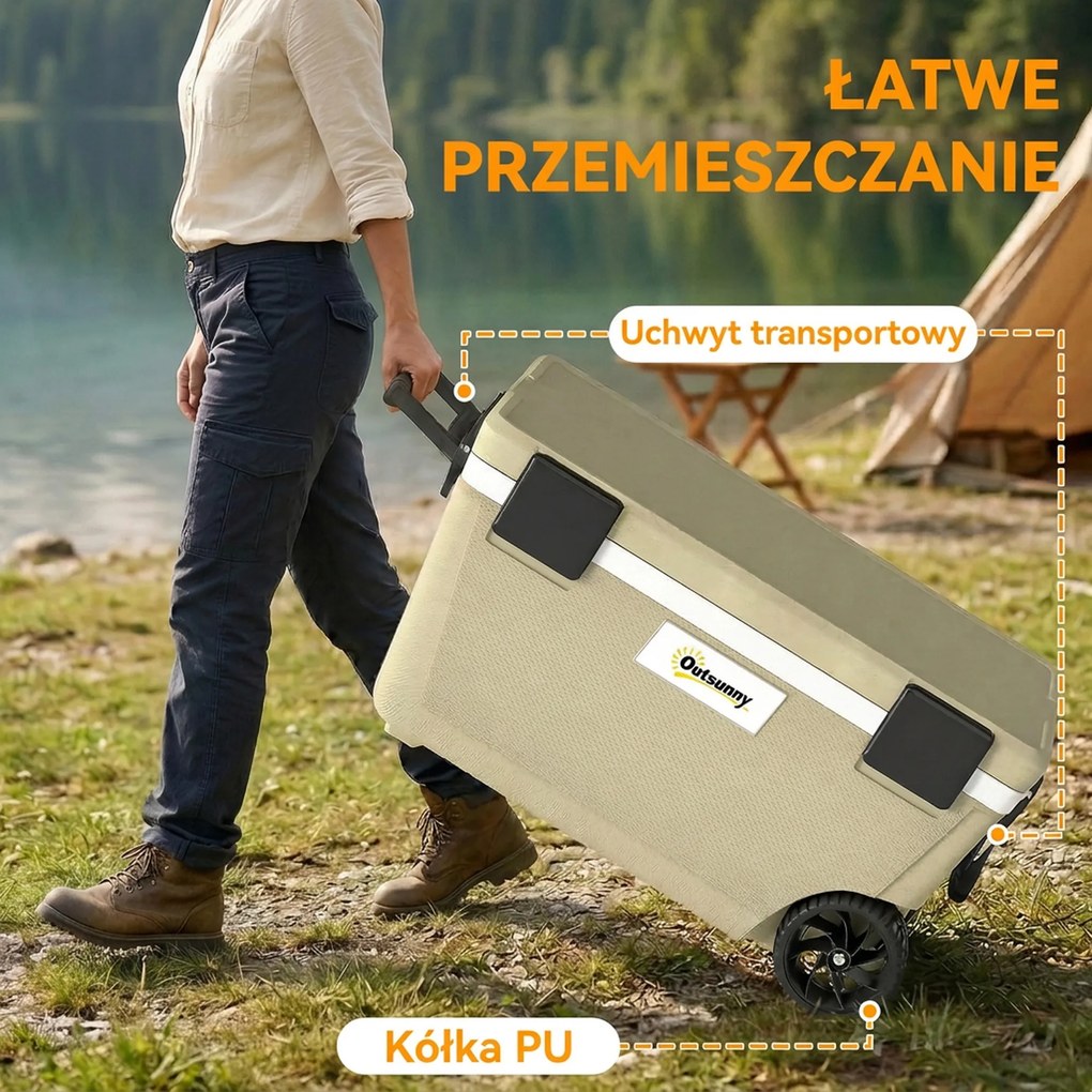 Outsunny Lodówka Turystyczna 70L Duża Pasywna Termobox do 72 Godz. Chłodzenia, z Izolacją PU Kółkami Zaworem Spustowym Uchwyt | Aosom PL