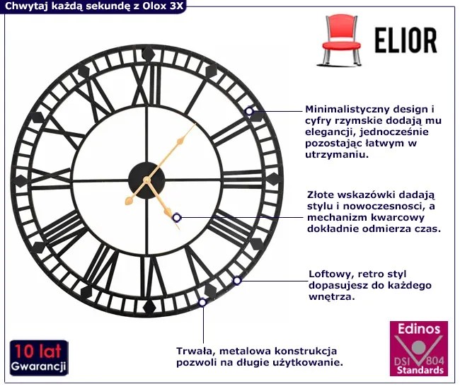 Stylowy czarny zegar w nowoczesnym stylu 60 cm M5-G13