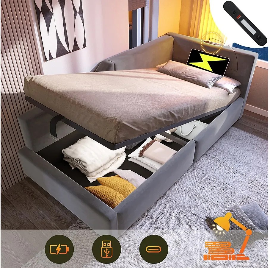 Łóżko ze schowkiem 90x200 cm, szary aksamit, sofa rozkładana z lampką do czytania i funkcją ładowania przez USB, bez materaca