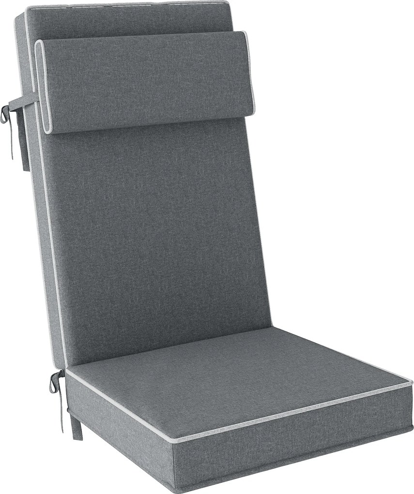Outsunny Poduszka na siedzisko 120 x 47 x 9,5 cm odporna na wodę z paskami, zagłówek, UPF50+ Ciemnoszara