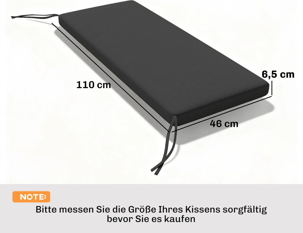 Outsunny Wodoodporna poduszka na ławkę, poduszka na zewnątrz ze zdejmowanym pokrowcem i paskami mocującymi, na ogród i taras, 110 x 46 cm, ciemnoszara | Aosom PL