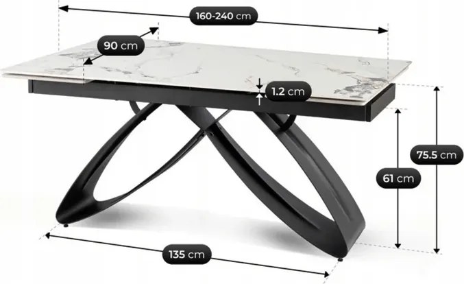 Stół Rozkładany Prostokątny LUIGI 160-240 cm Ceramiczny Biały Marmur/Czarny do Jadalni Loft