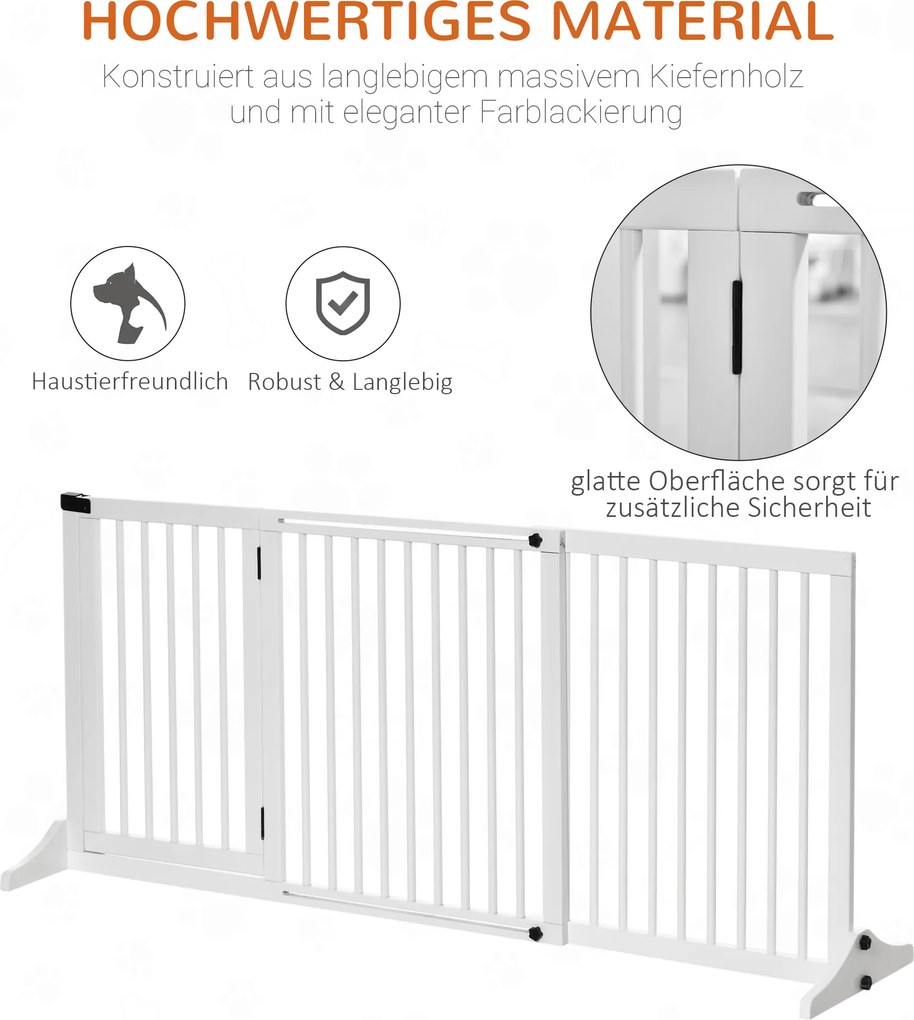 PawHut Bramka Zabezpieczająca Drewniana do Drzwi Bariera dla Psów Biała Sosnowa Konfigurowalna 113-166x36x71cm | Aosom PL