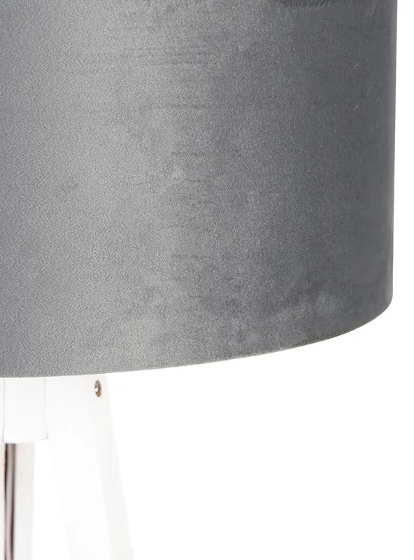 Nowoczesna lampa podłogowa trójnóg biała z szarym abażurem z weluru 50 cm - Tripod Classic Nowoczesny Oswietlenie wewnetrzne
