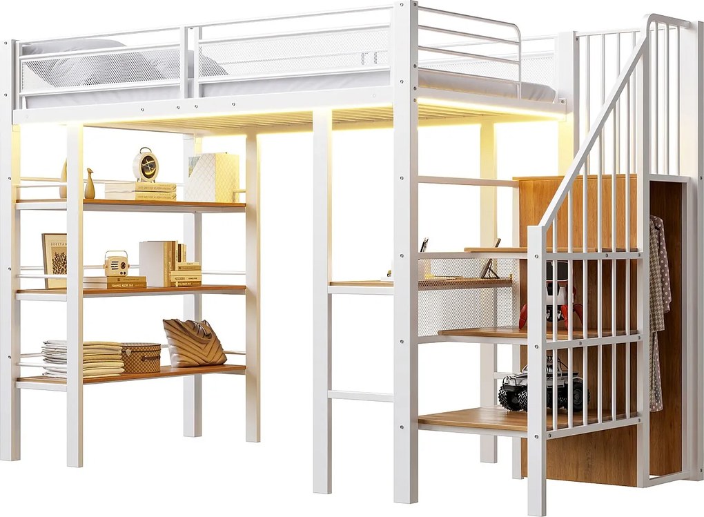 Łóżko na antresoli 90x200 cm - z oświetleniem LED i gniazdkiem elektrycznym - z przegródkami do przechowywania - z półką - biały​ (materac nie jest wliczony w cenę)