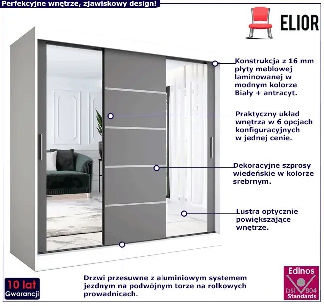 Szafa z drzwiami przesuwnymi 200 cm biały + antracyt - Ebia 6X