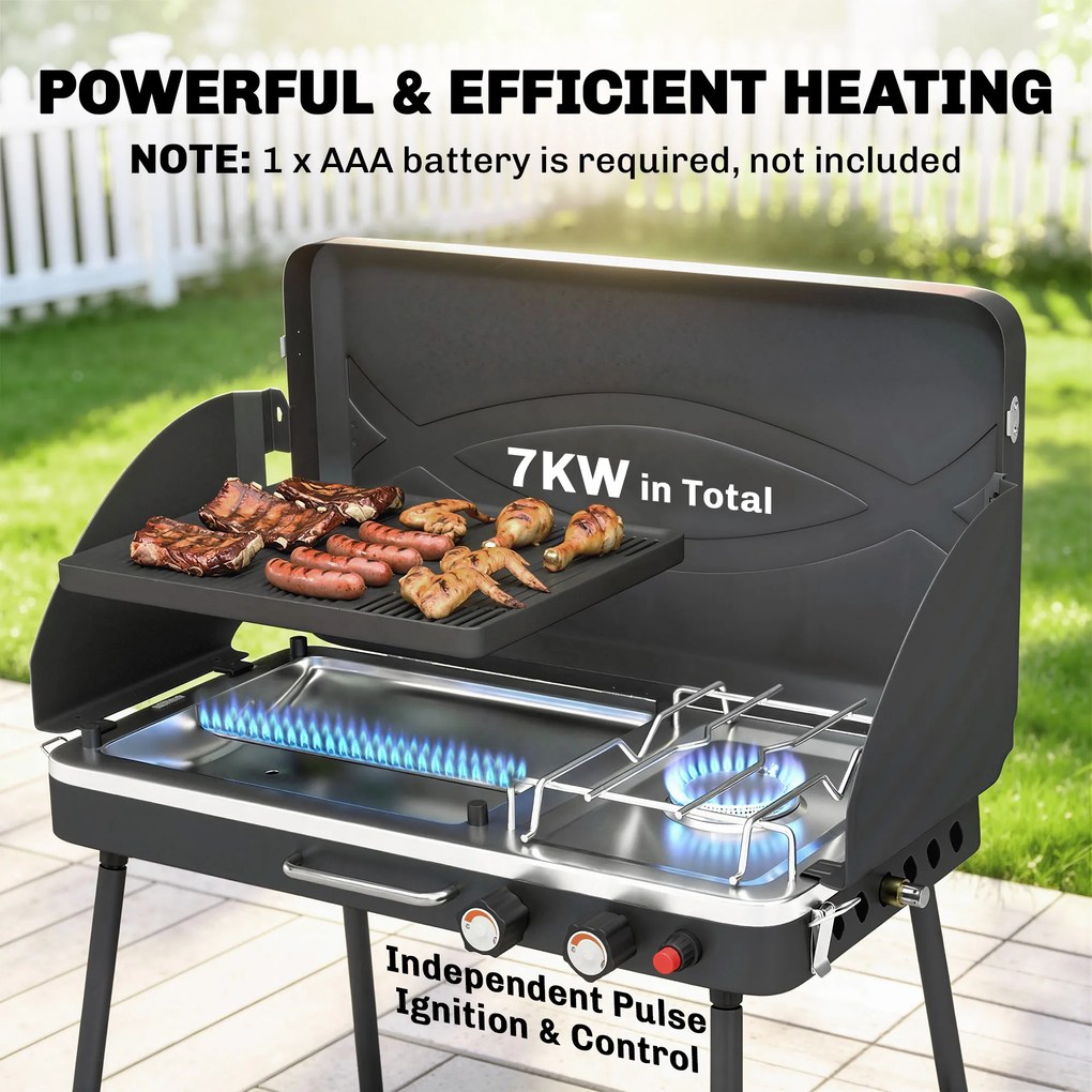 Outsunny Przenośny grill gazowy 2 palniki 5,9 kW 2-w-1 grill stołowy z pieczeniem składane nogi ruszt osłona przeciwwiatrowa pokrywa zamknięcie | Aosom PL