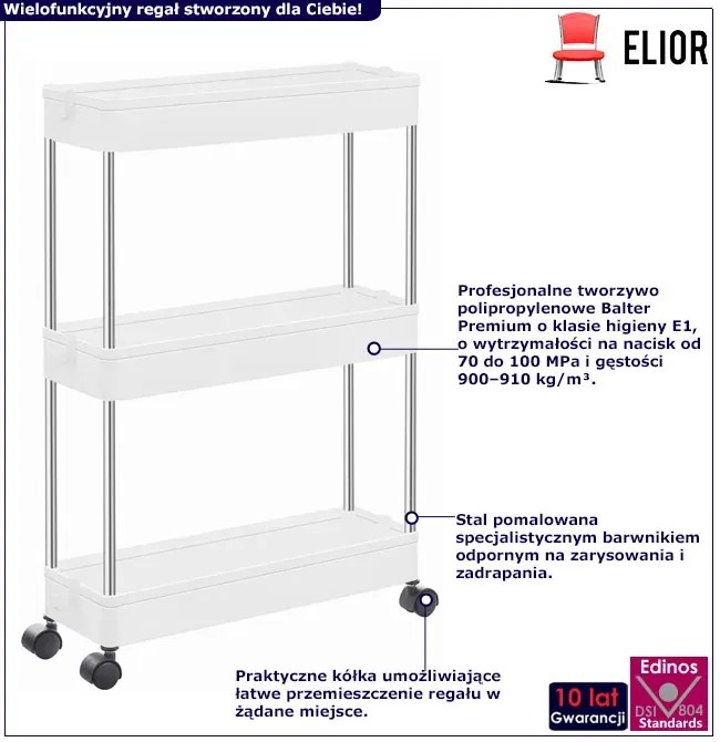 Wąski Regał Biały Na Kółkach Z 3 Półkami Z6-E08