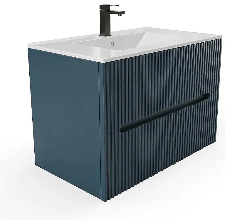 Szafka łazienkowa wisząca  ryflowana z umywalką - Niebieski - 80 cm - PAVANI